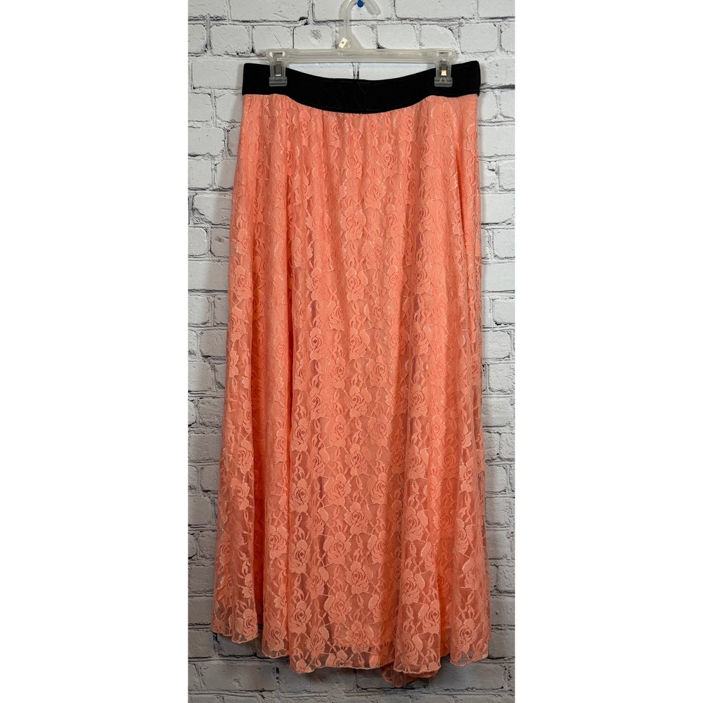 LuLaRoe Maxi Skirt Peach Floral Lace Black Waistband Elegant Women's L‎